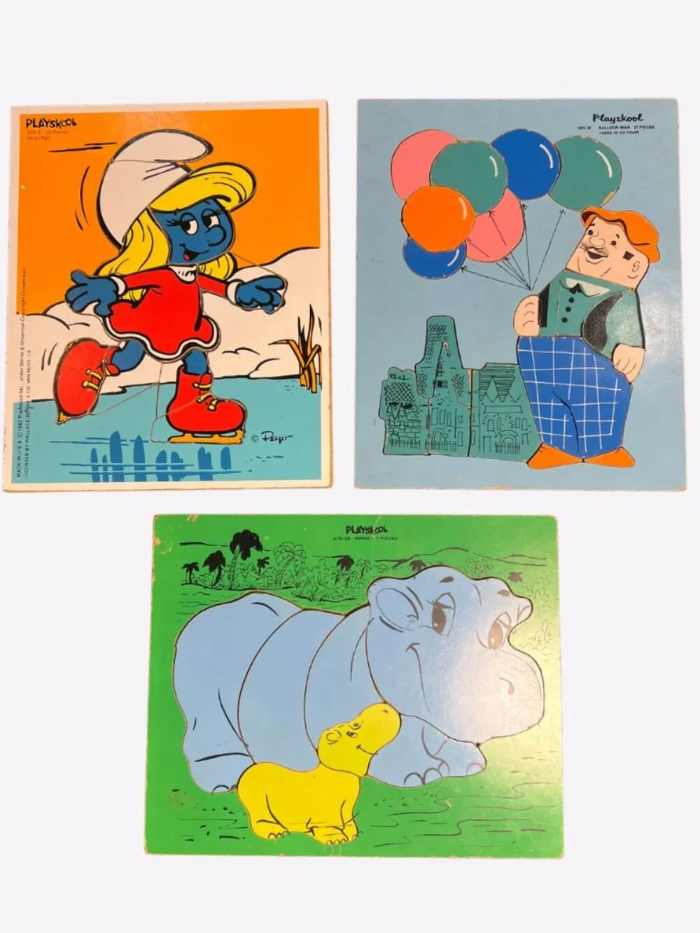 Lot of 3 VTG 1980s Playskool Wooden Puzzles Smurfs Balloon Man Hippo Collectible